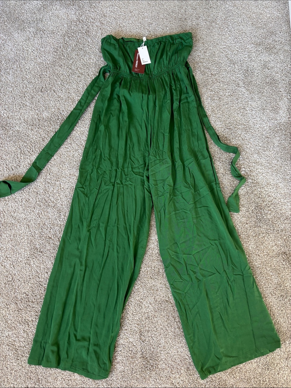 Strapless Wide-Leg Jumpsuit in Emerald Green with open back.
Stunning!